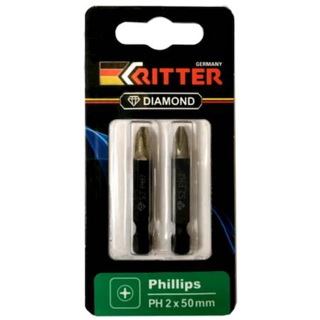 Бита Ritter Diamond PH 2x50 мм  магнитная (алмазное покрытие, сталь S2) (2 шт. в блистерной упаковке)